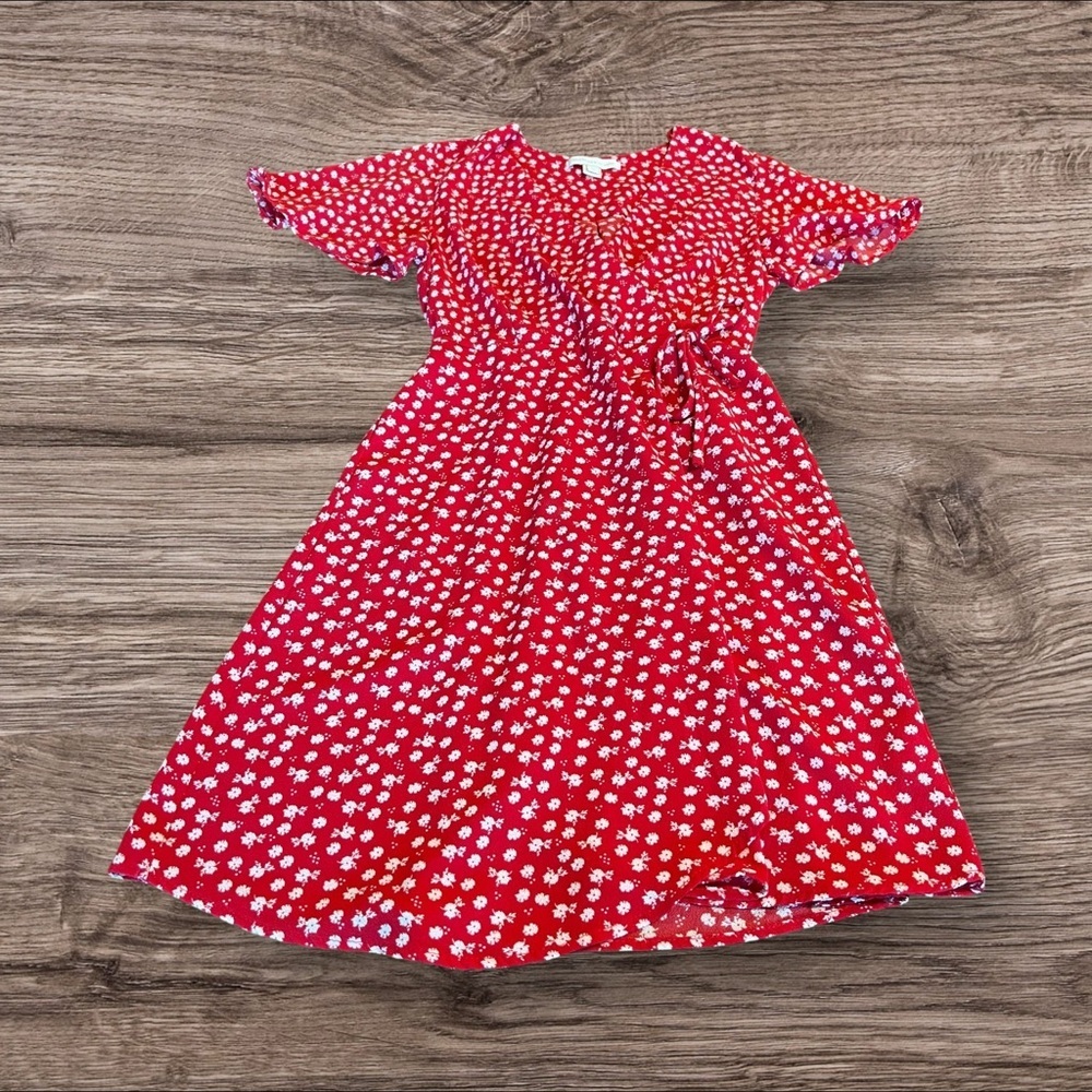 Monteau Red Floral Flutter Sleeve Mini Wrap Dress Size Medium